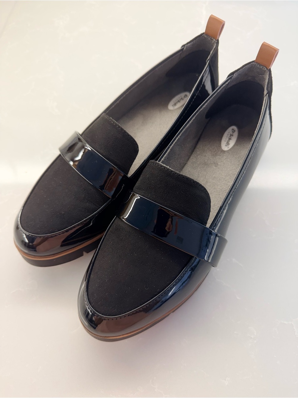 Black Patent & Suede Loafers with Brown Heel Tab - Size 7